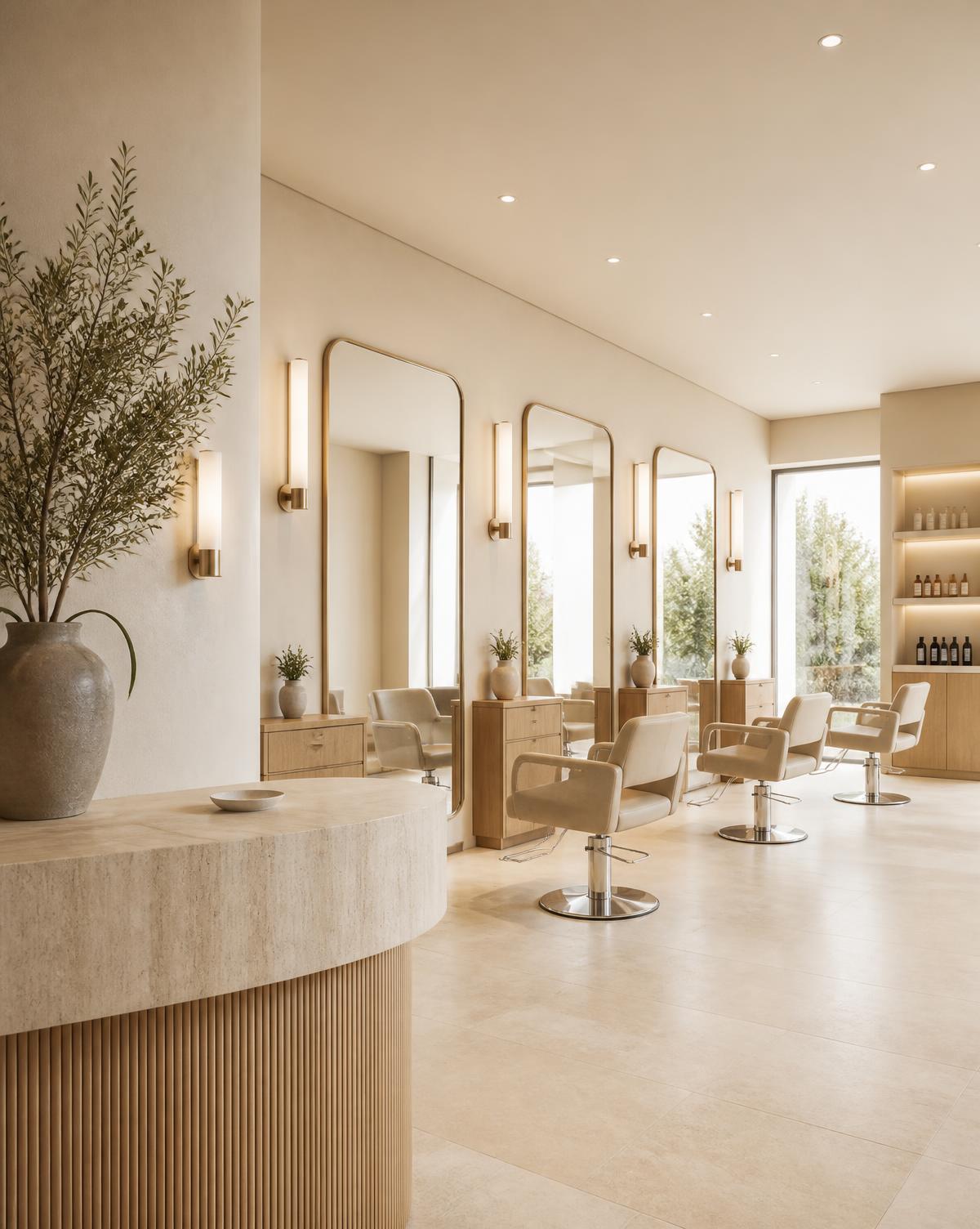 Interior of Marrbella Luxe Salon with ivory walls, oak styling stations and natural light