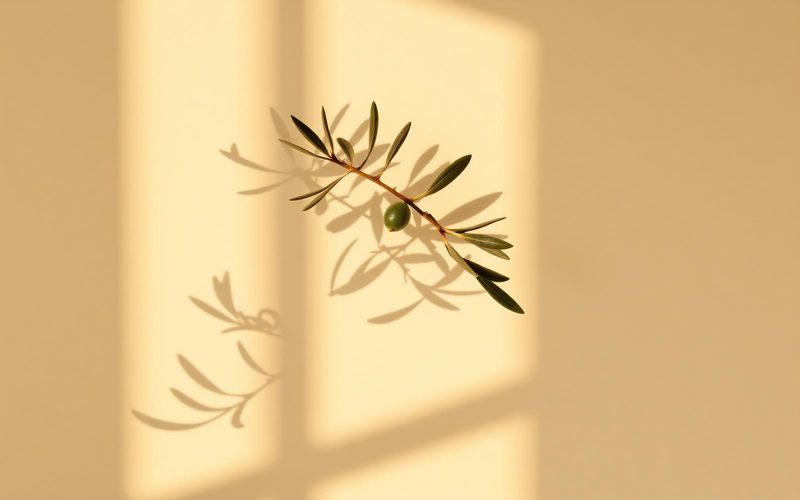 Olive branch casting a soft shadow on a warm ivory wall