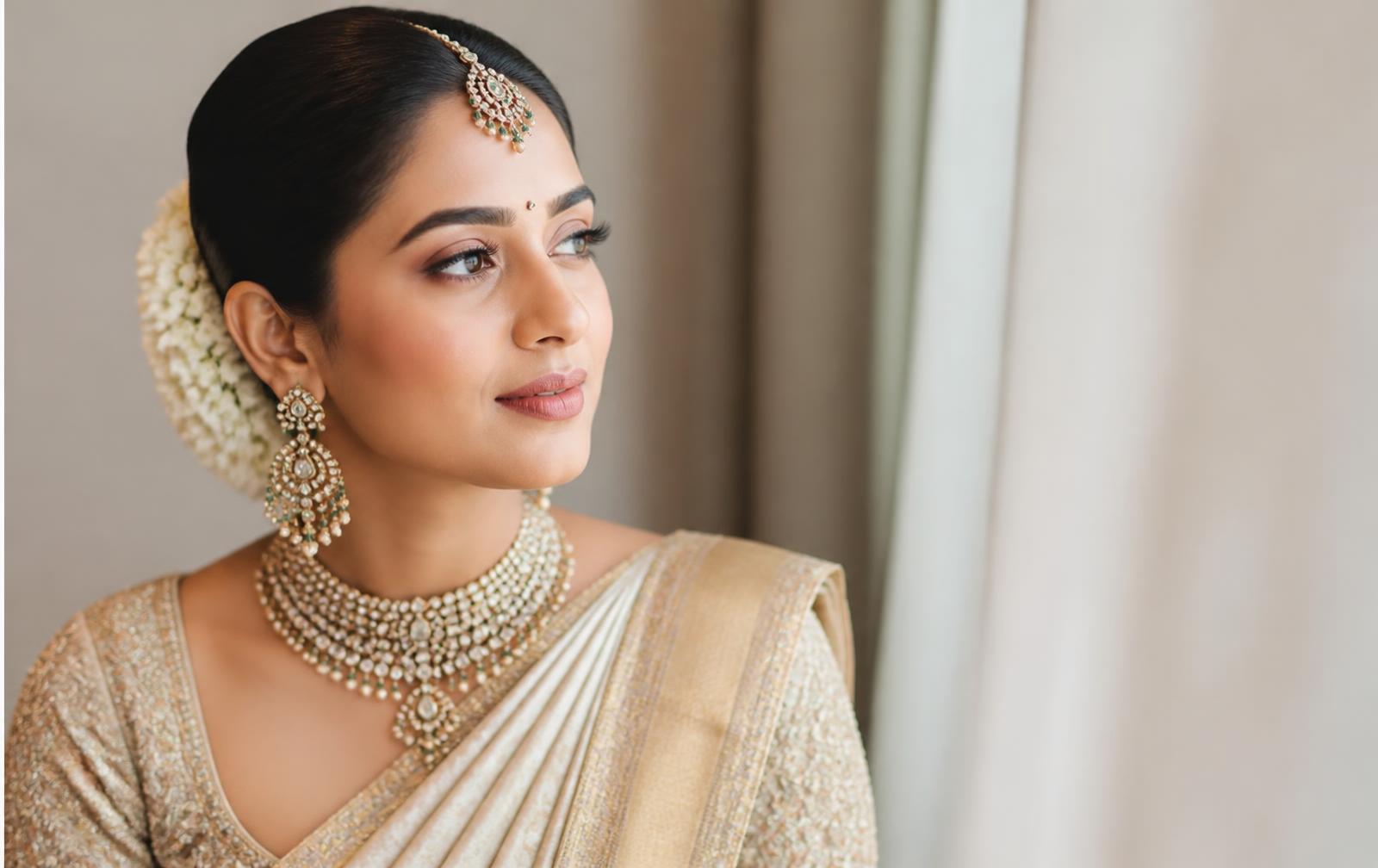 Bride with soft natural bridal makeup and a jasmine-adorned bun