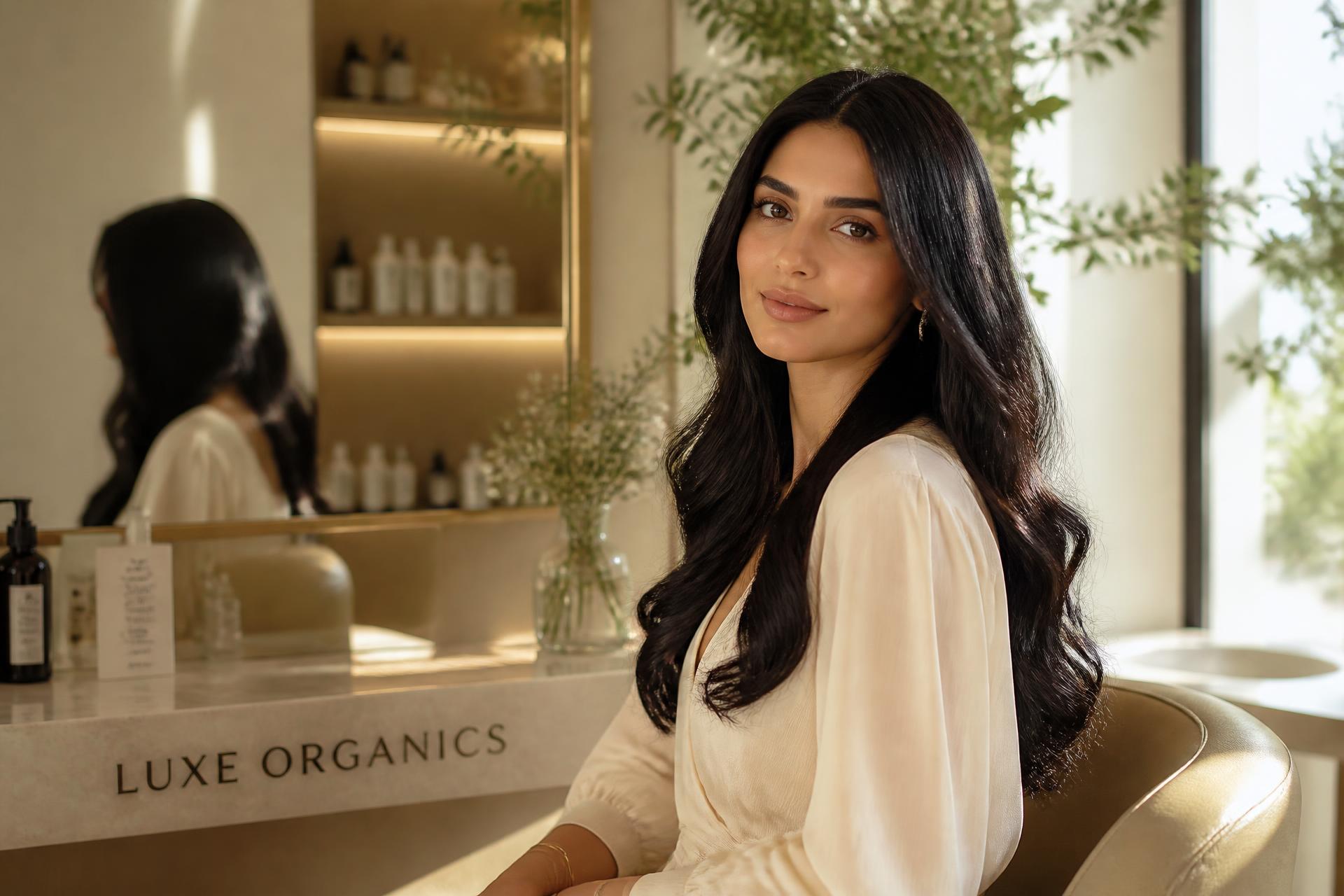Client with glossy, healthy hair seated in the ivory and champagne interior of Marrbella Luxe Salon, Kothrud