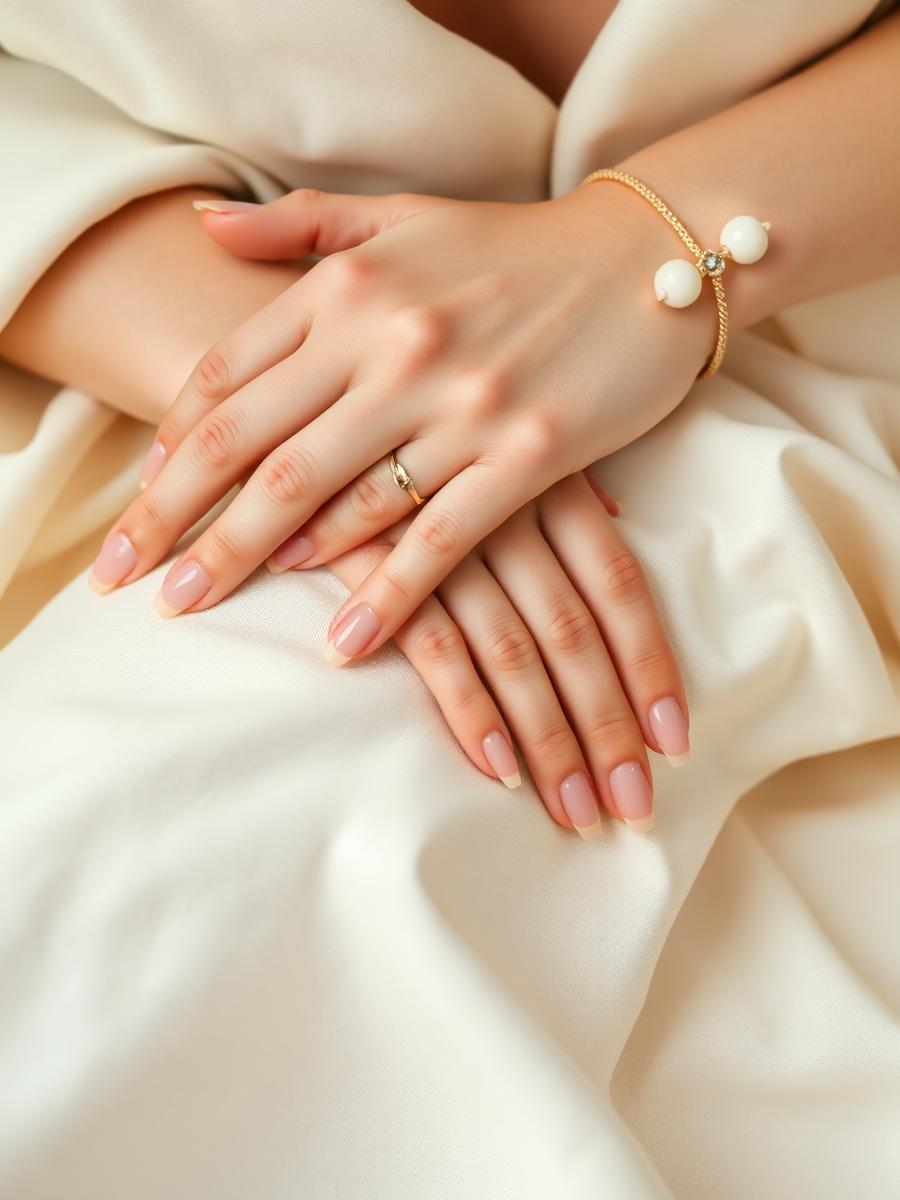 Manicured natural nails resting on cream linen