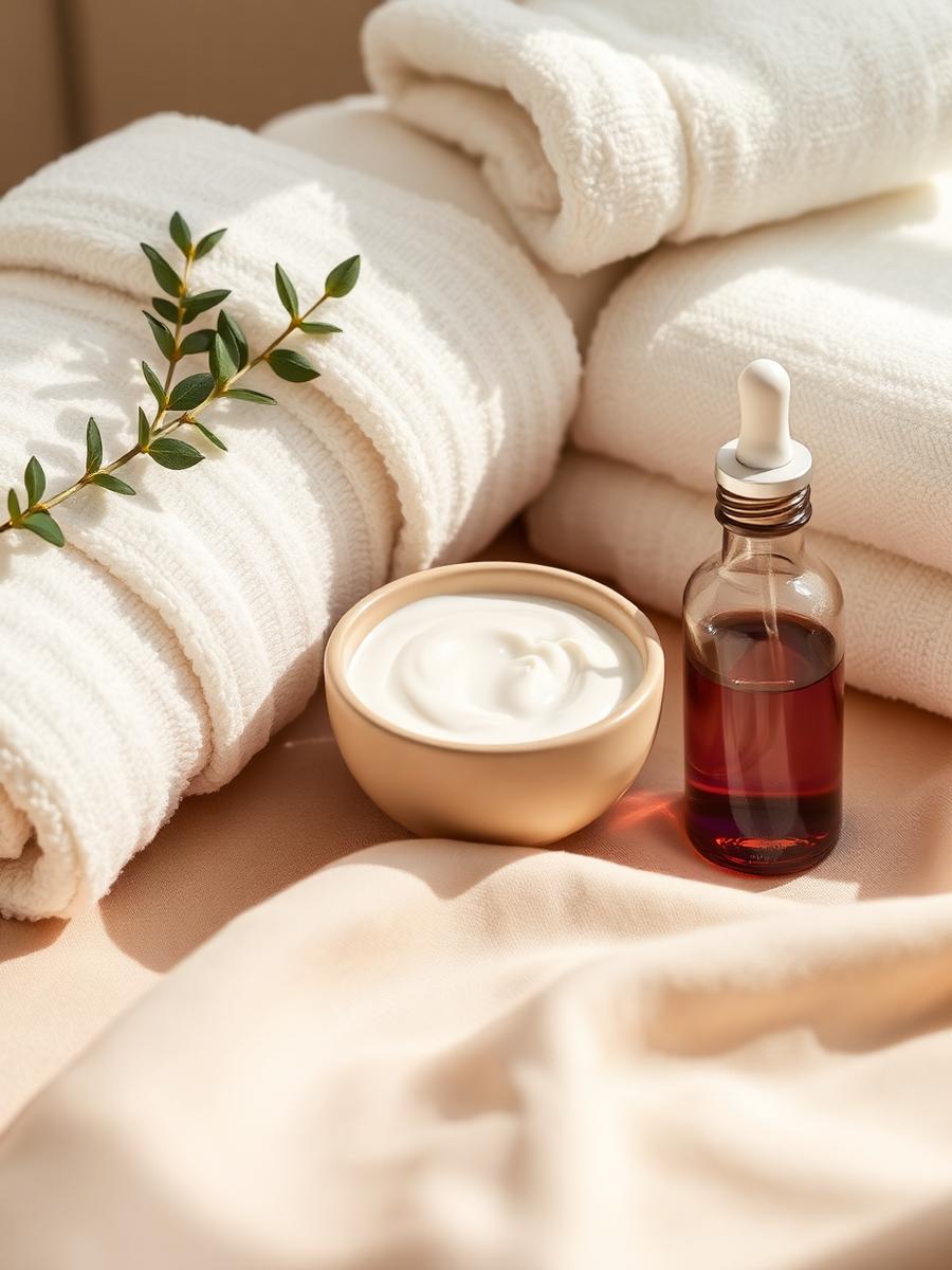 Organic facial products, warm towels and eucalyptus in the skincare room